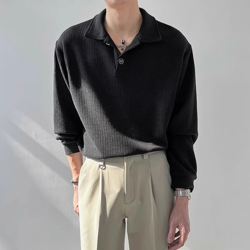Threebooy  New Trendy Waffle Men Polo Shirt Leisure High Quality Solid Color Long Sleeve T-shirt Korean Fashion Autumn Loose Basic Shirts