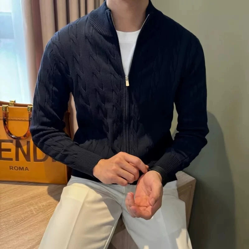 Threebooy Autumn Retro Men's Zipper Cardigan Jacket Trending Jacquard Solid Color Long Sleeve Sweater Coats Premium Quality Knit Outerwear