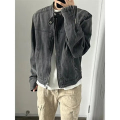Threebooy  Punk Gray Denim Jacket Men's American Retro Heavy Industry Coat Metal Design Stand Collar Old Washed Short Spliced Street Jacket