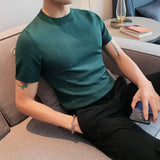 Threebooy  clothing Men Summer High Quality Casual Knit T-Shirts/Male Slim Fit Solid Color Short Sleeve  knit T-shirt S-3XL