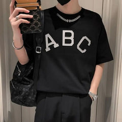 Threebooy Oversized Essential T-Shirt for Women Tee Shirt Men Short Sleeve Flocking ABC Letter Hip Hop Top Loose Unisex Streetwear