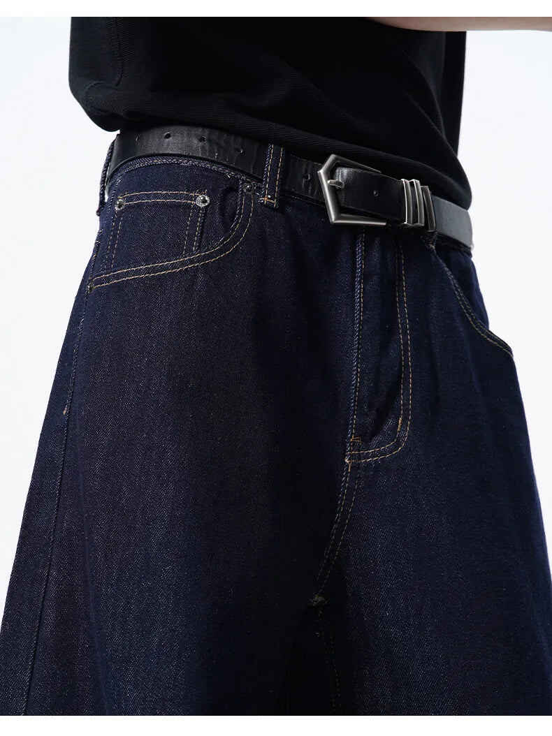 Threebooy Men Dark Blue Loose Drag Floor Length Jeans Classic Straight Leg Denim Pants Wholesale Hot Sale Minimalist Casual Streetwear