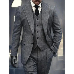 Threebooy  3 Pieces Men's Grey Herringbone Suits Formal Slim Fit Peak Lapel Tweed Prom Tuxedos for Wedding Groomsmen (Blazer+Vest+Pants)