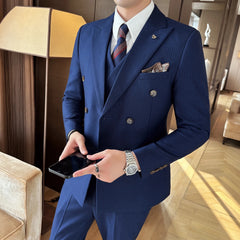 Threebooy  A high-end men's double-breasted three-piece suit, a fashionable and stylish men's suit, a business casual wedding dress for the