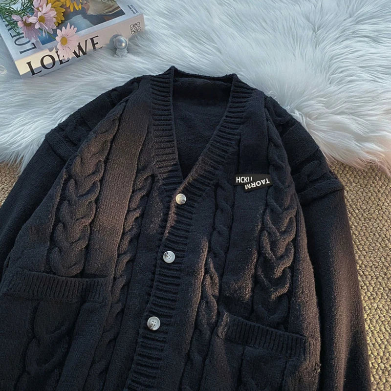 Threebooy Letter Twists Cardigan Sweater Men New Preppy Grunge Cityboy Knit Jacket Japan Couple Casual V-neck Sweater Coat