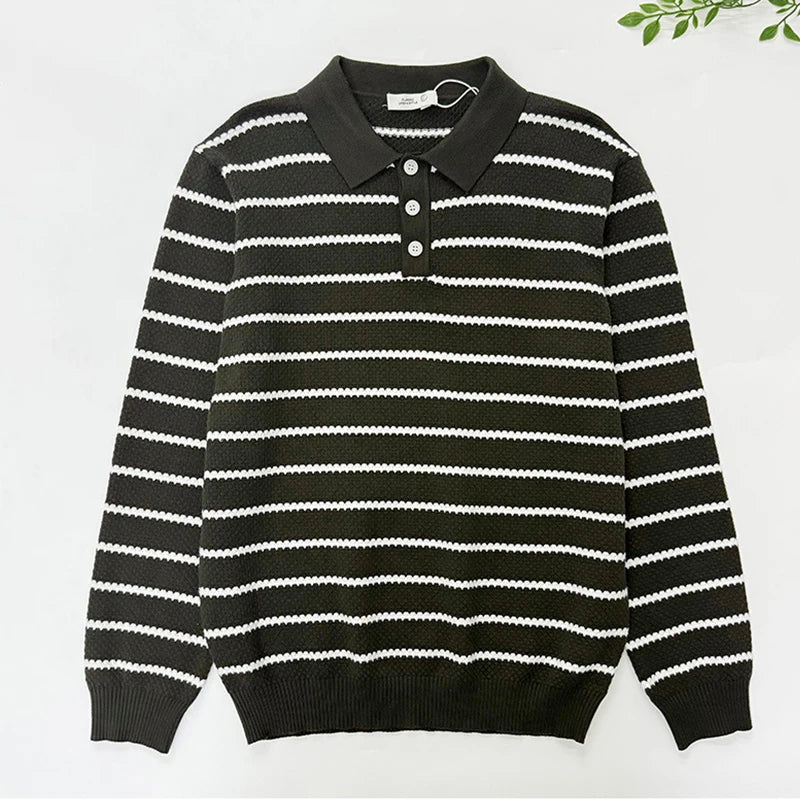 Threebooy  New American Trendy Men Polo Neck Sweaters Light Luxury Striped Knit Long Sleeve Pullover Tops High Quality Loose Knitwear M-3XL
