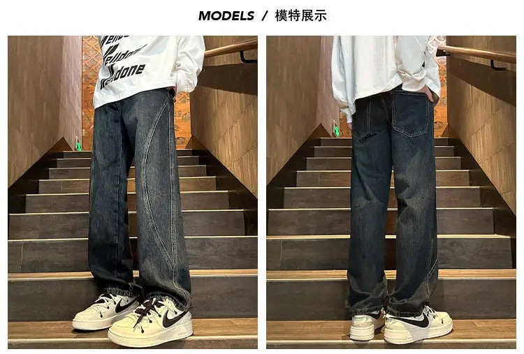 Threebooy Straight Leg Jeans Men Washed Solid Trousers Panel Design Denim Pants Autumn Fall Male Wear New 2025 High-quality denim pants