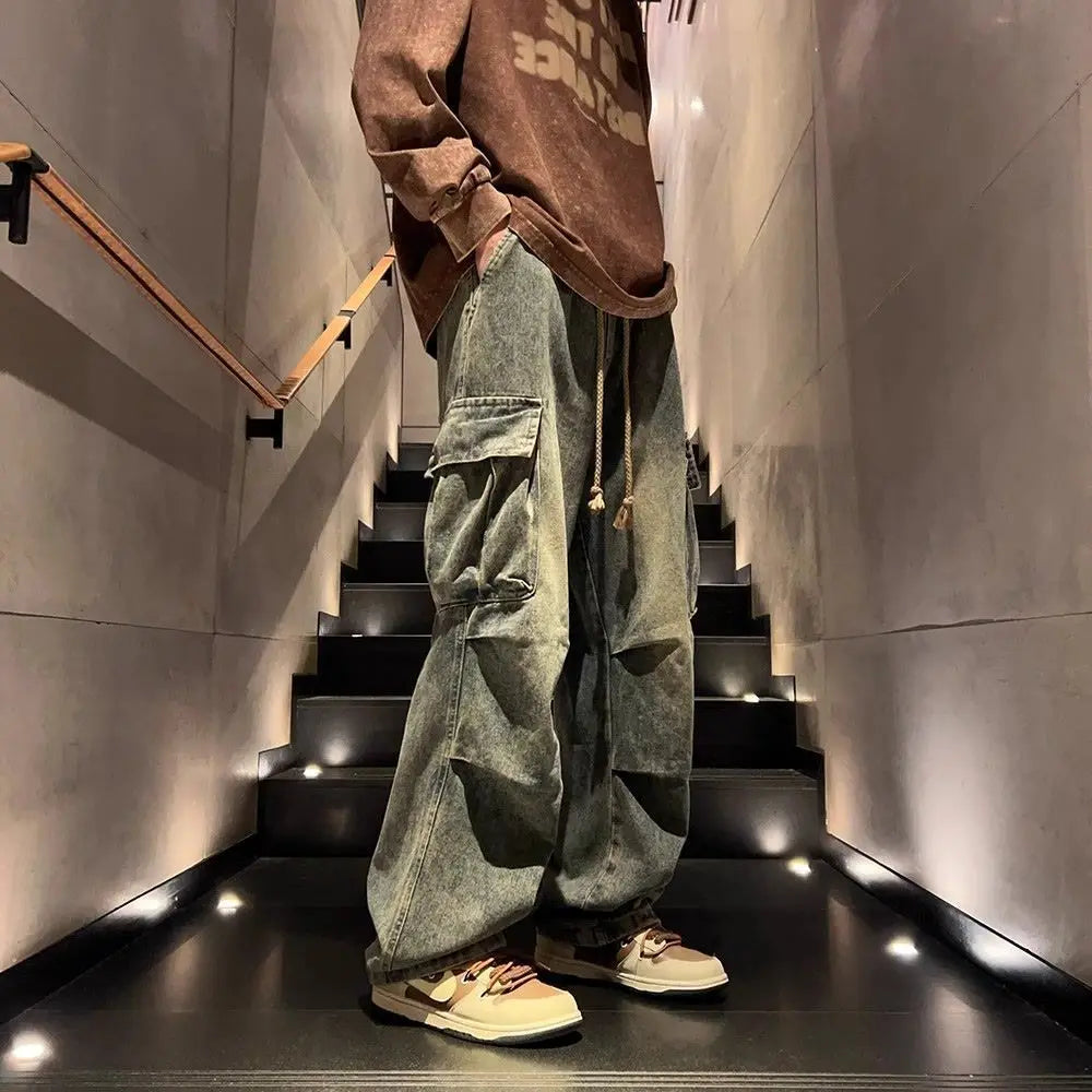 Threebooy High street hip-hop men and women trendy personality large pocket straight leg washed denim jeans couple retro casual pants y2k