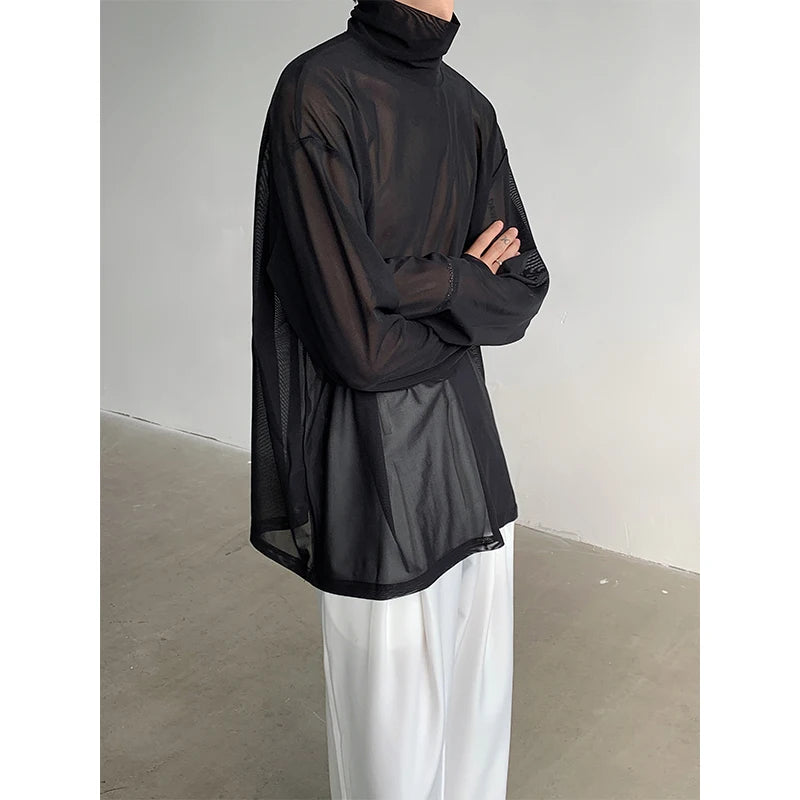 Threebooy Sexy Perspective High-neck Long Sleeve T Shirt Men Women Net Yarn Bottoming Shirt Spring Summer Transparent Black Tee Shirts