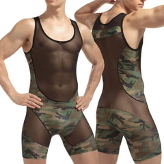 Threebooy Bodysuit Siamese Underwear Panties Shapers Buttons Wresling Suit Breathable Mesh Mens Underwear Camouflage Transparent Bodywear