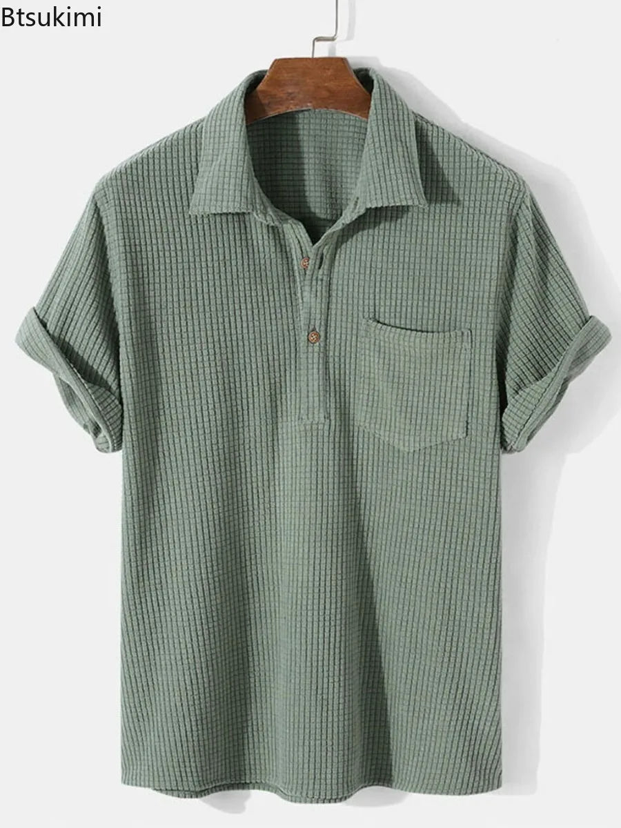 Threebooy  New 2025 Men's Summer Corduroy Short Sleeve Shirt Fashion Casual Streetwear Solid Lapel Loose Pullover Retro Simple Tops for Men