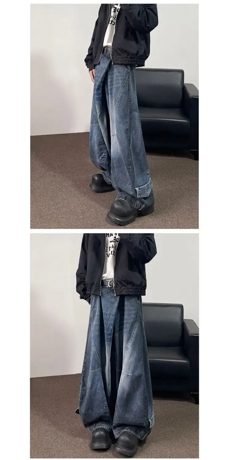 Threebooy Hip hop high street men and women trendy hip-hop straight leg washed jeans for couples loose retro casual wide leg pants Y2K