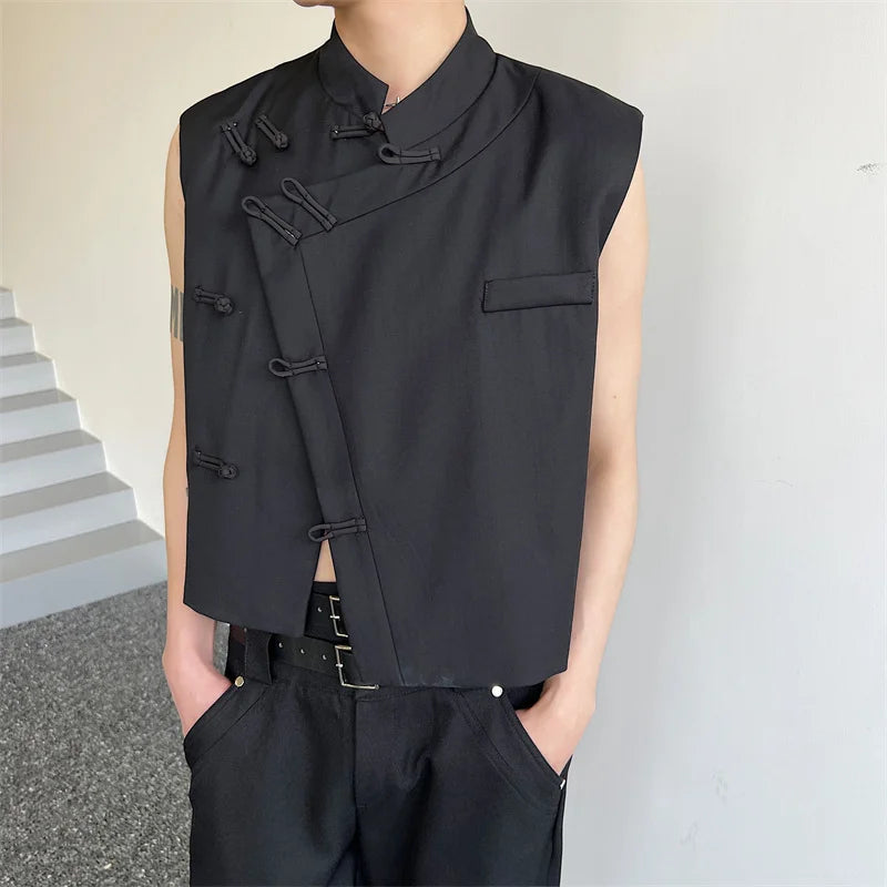 Threebooy 2024 Spring Round Collar Male Vest Chinese Style Button Solid Color Sleeveless Vests Trendy Men's Clothing Niche Design