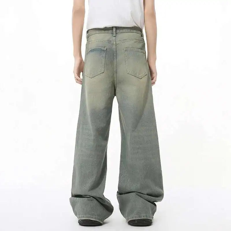 Threebooy  Autumn Men Denim Pants Straight Droop Vintage Loose Bottom Straight Wide Leg Casual Male Trousers Korean Style