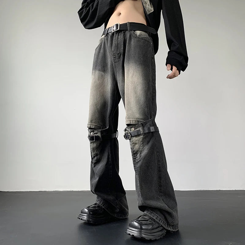Threebooy Men's Jeans Retro Trousers Knee Holes Splicing High Street Loose Denim Trousers Flared Jeans Straps Cowboy Casual Long Pants