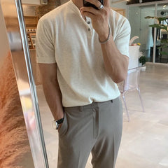 Threebooy  New Fashion Korean Style Men T-shirt Light Luxury Knitted Henry Collar Tops Casual Solid Color Short Sleeve Breathable Knitwear