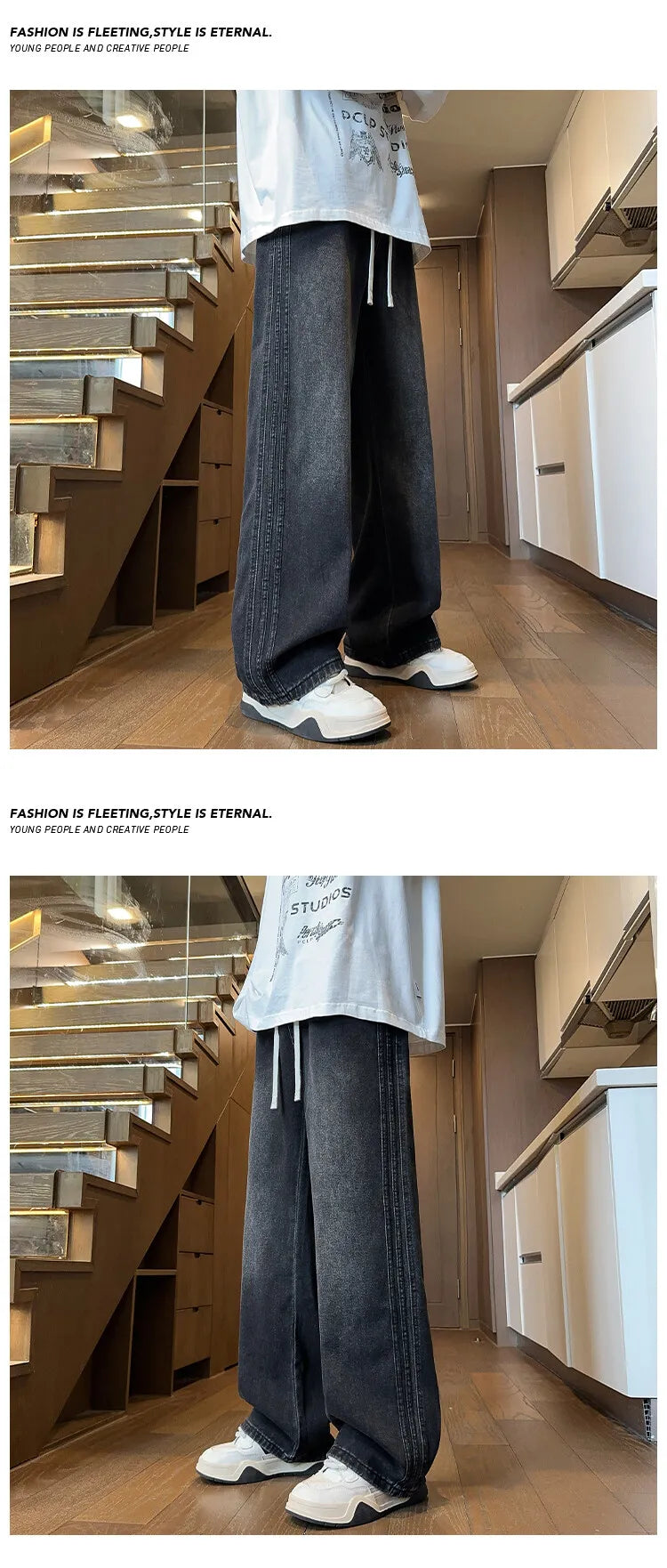 Threebooy Jeans Men Denim Pants Elastic waist pull rope Straight Droop Vintage Loose Bottom Straight Wide Leg Casual Male Trouser