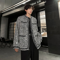 Threebooy Korean Fashion Shiny Sequin Jacket Sliver Round Collar Long Sleeve Jackets Coats Autumn New Ladies Gentleman High Street