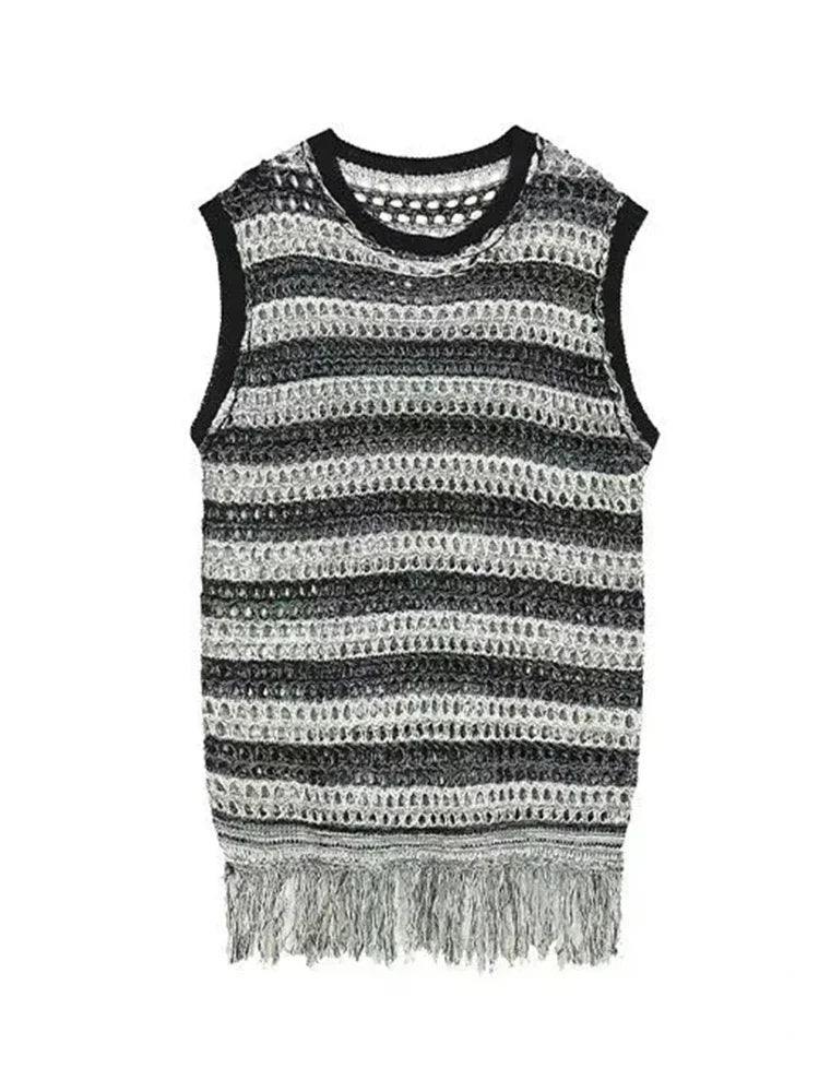 Threebooy Striped Mesh Vest for Men Vintage Knit Tank Tops Sleeveless Tee Male Casual Summer Beach Japanese Streetwear Hip Hop