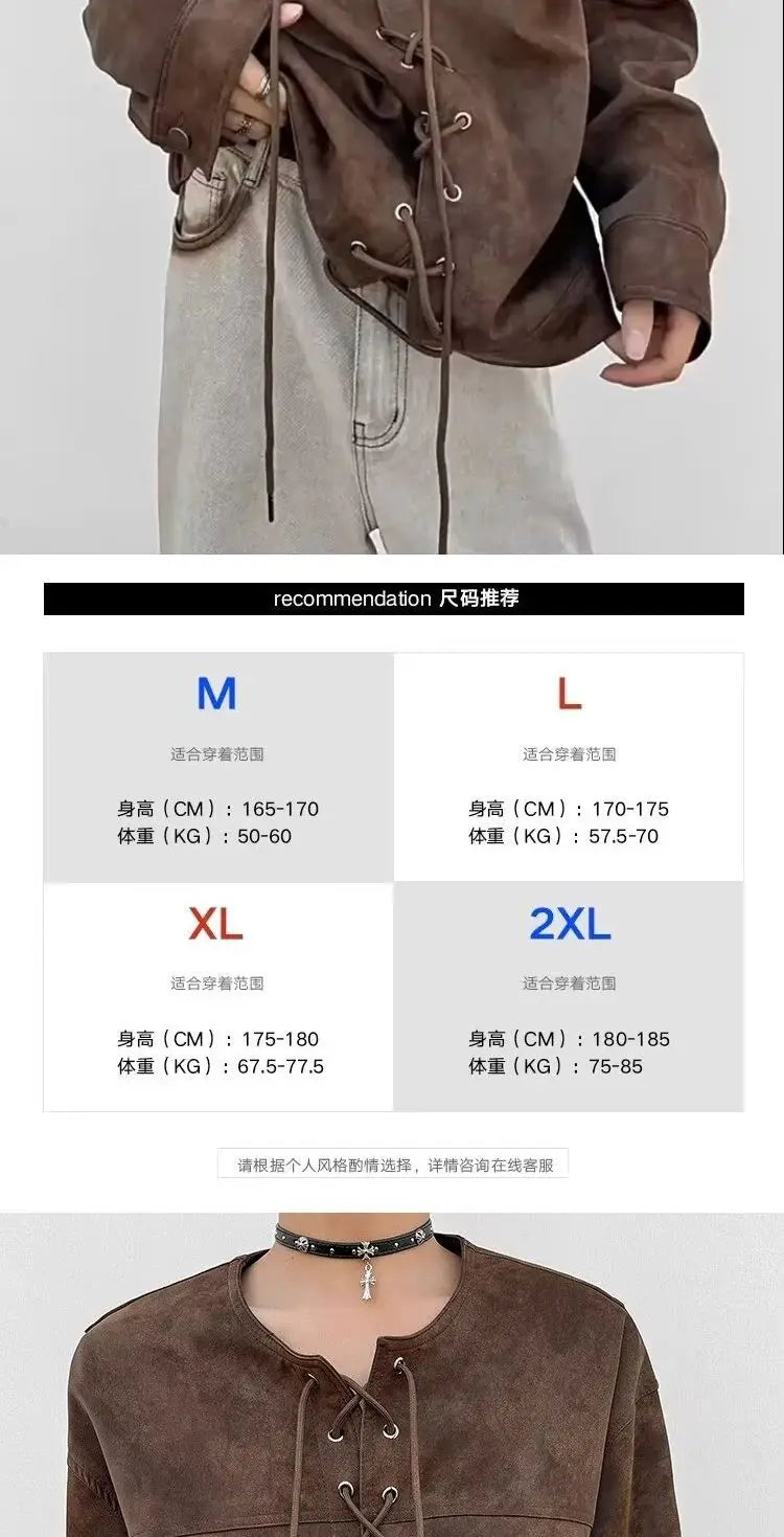 Threebooy Drawstring Double-breasted Shirt Back Fly Design Top American Retro Brown Motorcycle Leather Jacket Women Men's Jacket