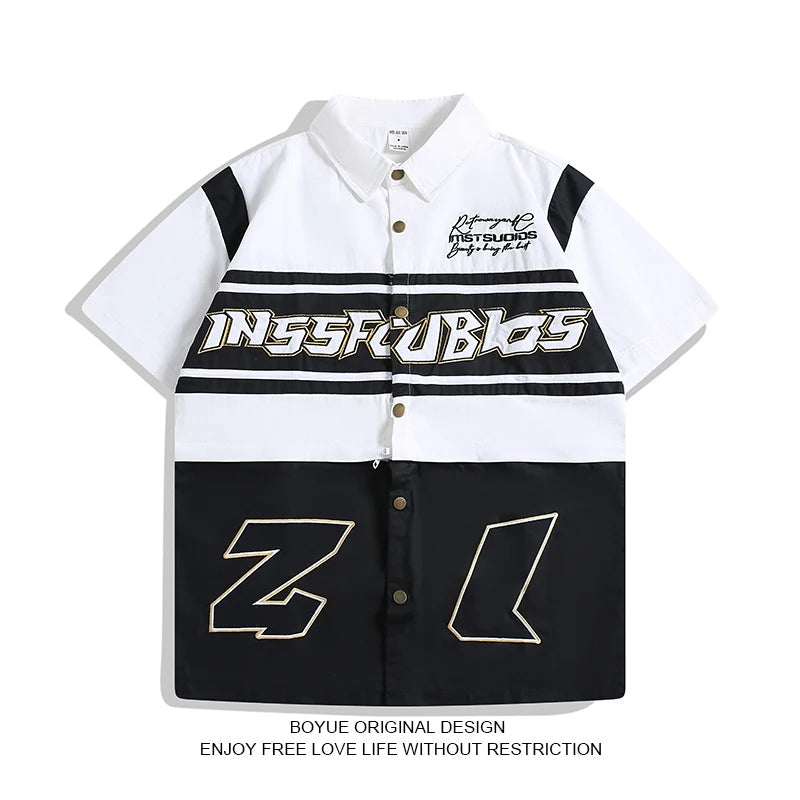 Threebooy American Retro Racing Suit Short-sleeved Shirt Men Korean Version 2025 New Fashionable High-end High-art Motorcycle Style Top