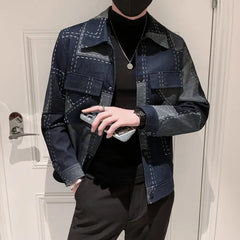 Threebooy Spring Autumn Men Plaid Jackets Street Casual Slim Fit Cotton Jacket Navy Blue Fashion Men Cowboy Coat Plus Size S-3XL