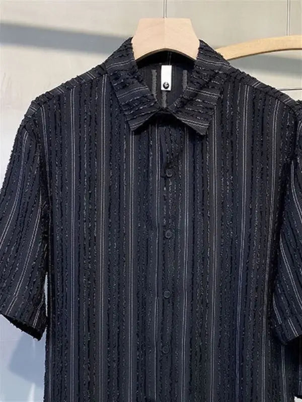 Threebooy  New summer casual set for men's handsome non-iron drooping loose striped shirts fashionable simple breathable shirt men's suit