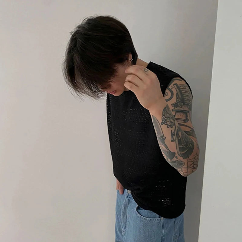 Threebooy New Men Casual Hollow Out Tank Tops Leisure Splicing Solid Color Sleeveless Tees Fashion Streetwear Fitness Stretch Knitted Vest
