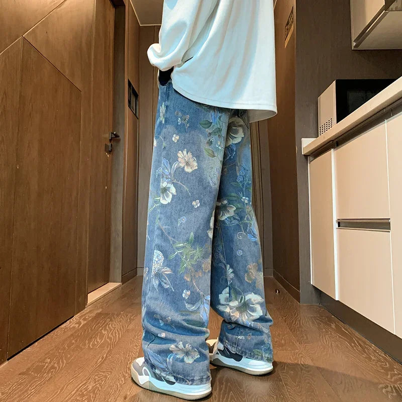 Threebooy  Autumn Floral Printed Jeans For Men New Y2K Vintage Denim Pants Hip Hop Fashion Wide-leg Baggy Jean Streetwear Trousers