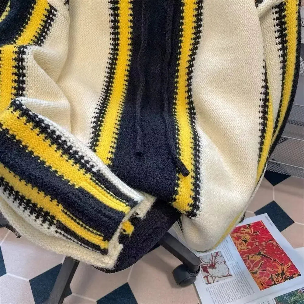 Threebooy Korean street style men and women trendy color blocked striped hooded sweater for couples autumn and winter loose retro casual