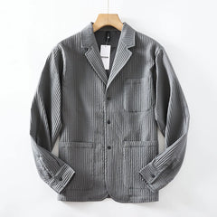 Threebooy Striped Pleated Shirt Jacket Advanced Lightweight Elastic Breathable Casual Suit Men Korean Elegant Thin Suit Three-button Coat