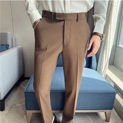 Threebooy Autumn Winter Elastic Waist Suit Pants Men High Quality Youthful Vitality Smart Casual Suit Trousers Mens Solid Striped Pants