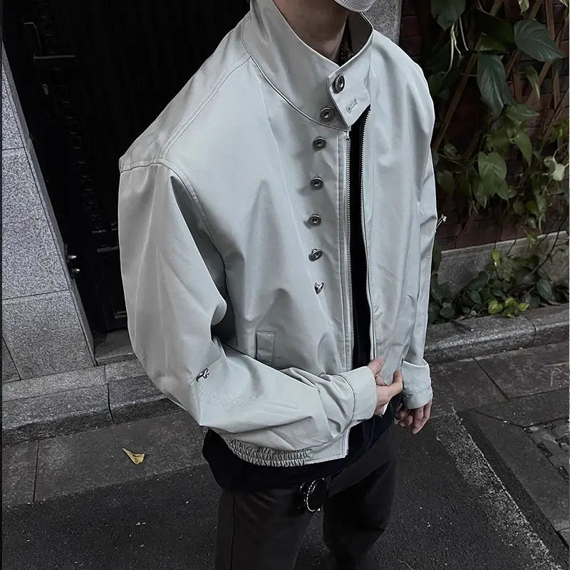Threebooy American Retro Multi-button Stand Collar Design Jacket Men Korean Hip Hop Coat High Street Hip-hop Solid Color Classic Jacket