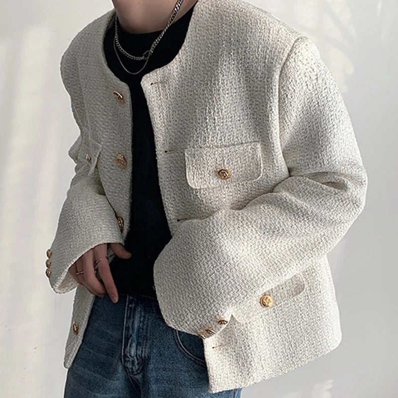 Threebooy Korean Style Fashionable Tweed Round Neck Jacket Men Japanese Trendy High-end Single-breasted Short Jacket with Temperament