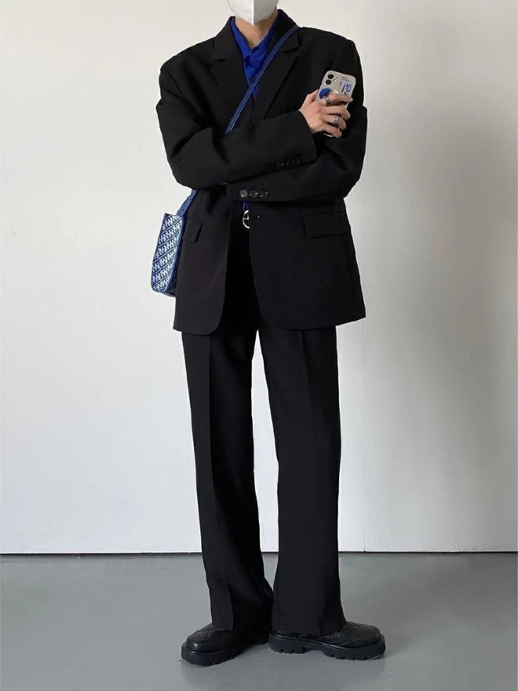 Threebooy Men Punk Blazer Jacket Set New Korean Temperament Handsome Black Suit Coat Unisex High Street Oversize Fashionable Suit