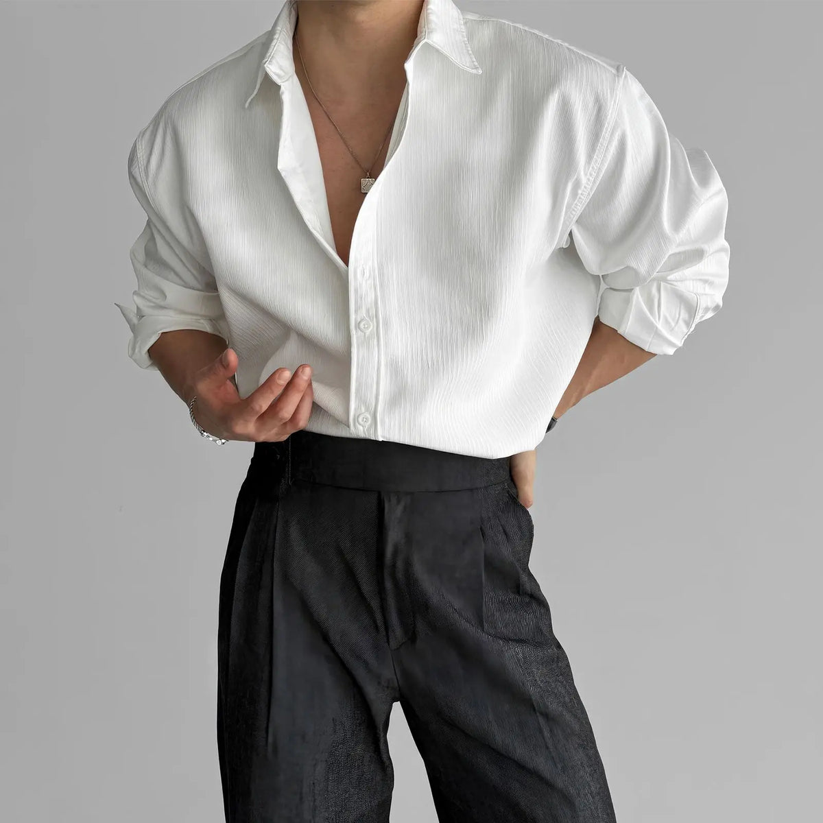 Threebooy  Lapel Pit Stripe Texture Long Sleeve Shirt Men's Casual Business Shirt High-end Drapery Light Versatile Top Male Blouse