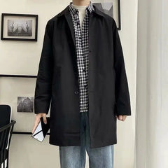 Threebooy  Spring Autumn Men's Single-breasted Trench Medium-length Trendy Brand Loose-fit British Style Korean Version Trendy Jacket