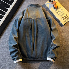 Threebooy  Spring Autumn Old Blue Loose Large Pocket Stand Collar Denim Jacket Men's Retro American High Street Zipper Jacket Top Urban