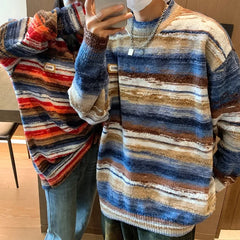 Threebooy 2024 New Vintage Clashing Stripe Sweater Neutral Wind Trend Loose Couple Knitted Pullovers Round Neck Men Jumper
