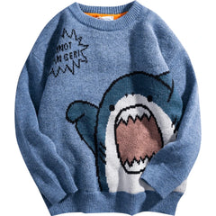 Threebooy Shark Sweater Men Winter Cartoon Harajuku Korean Y2k Oversized Turtleneck Hip Hop Loose Knit Jumper Pullover High Collar Sweater
