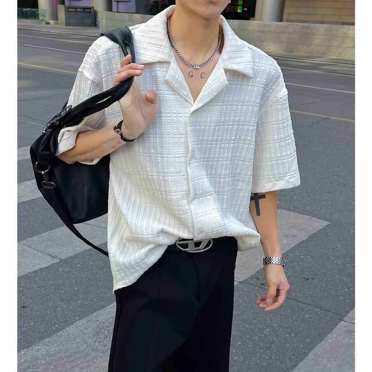 Threebooy Mens Loose Fit Suit Collar Shirt Cool Comfort Advanced Fabric Summer Casual Trendy Breathable Stylish Modern Streetwear Design