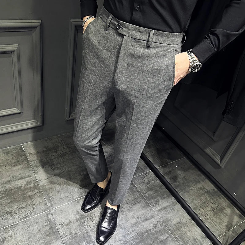 Threebooy Men Slim British Style Suits Pants Business Casual Trousers Male Solid Fit Trousers High Quality Man Formal Wear Plaid 36 38