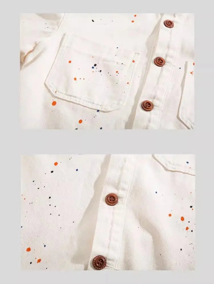 Threebooy American hip-hop men and women trendy splashed ink denim shirt for couples loose retro high-end wide casual top harajuku y2k