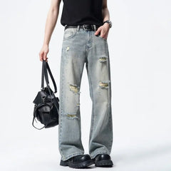 Threebooy Men Straight Leg Vintage Blue Washed Denim Jeans Casual Ripped Distressed Trousers Classic Retro Style Comfortable Streetwear