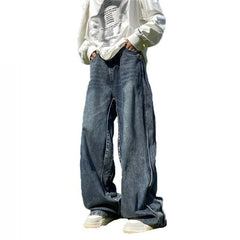 Threebooy American High Street Jeans Men's Striped Patchwork Denim Pants Summer Loose Straight High-end Retro Versatile Wide-leg Trousers