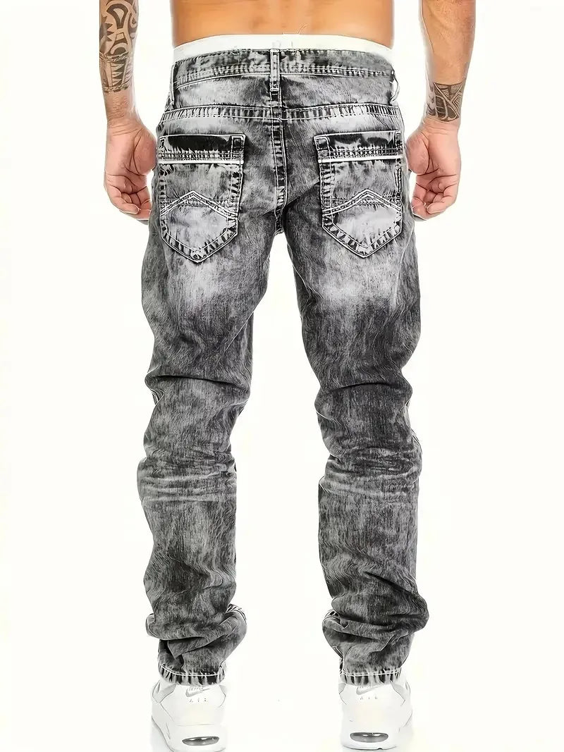 Threebooy  1pc Men's Casual Slim-Fit Stretch Jeans, Fashionable Street-Style Gradient Denim Pants with Washed-Out Look, Regular Fit, Machin