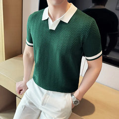 Threebooy  Summer Contrast Color Knitted Polo Shirt Men Ice Silk Breathable Short Sleeve Knitted T-shirt Lapel Casual Business POLOS