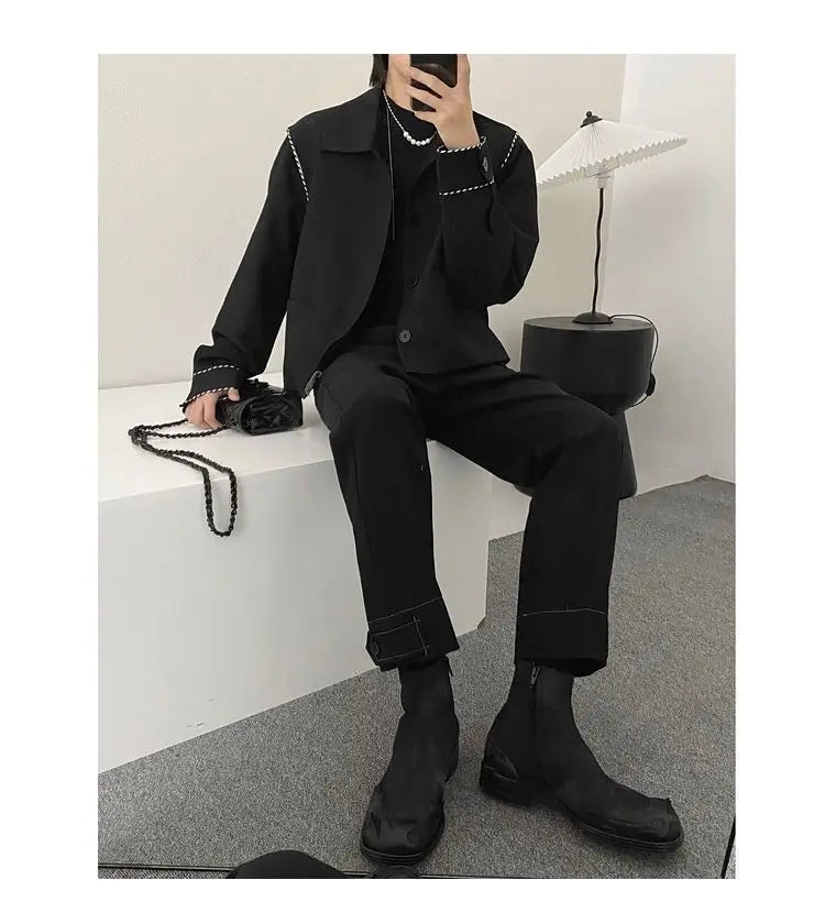 Threebooy Fashion Black Stitching Jacket Men's Buttons Spring Autumn New Loose Turndown Collar Single-breasted Long Sleeves Tops Jackets