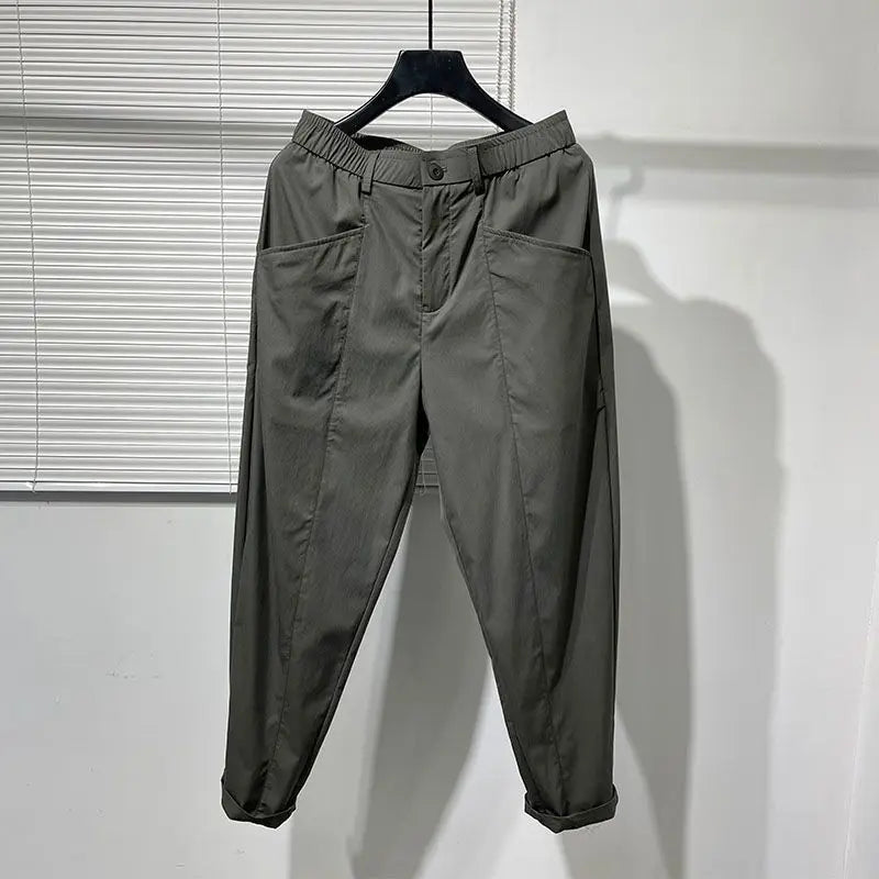 Threebooy Summer Ice Silk Trouswers Quick-drying Casual Ankle Length Pants Harajuku Style Simple Slightly Collapsed Black Work Harem Pants