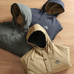 Threebooy Outdoor Windproof  Padded Jacket Plus Thickened Warm Large Pocket Workwear Casual Hooded Parkas Trendy High-end Button Up Coats